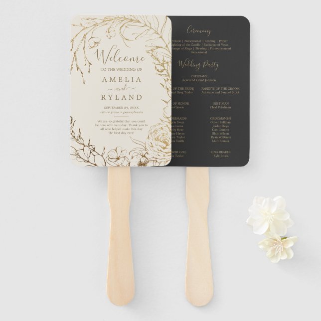 Gilded Floral | Cream and Gold Wedding Program Fan (Front and Back)
