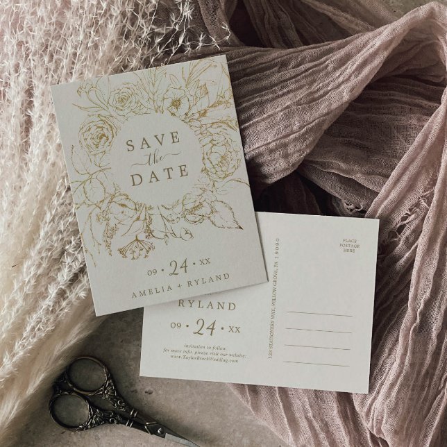 Gilded Floral Cream & Gold Save the Date Postcard (Creator Uploaded)