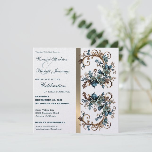 Gilded Floral Elegance Wedding Invitation (Standing Front)