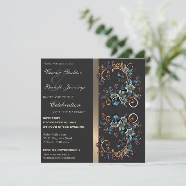 Gilded Floral Elegance Wedding Invitation (Standing Front)
