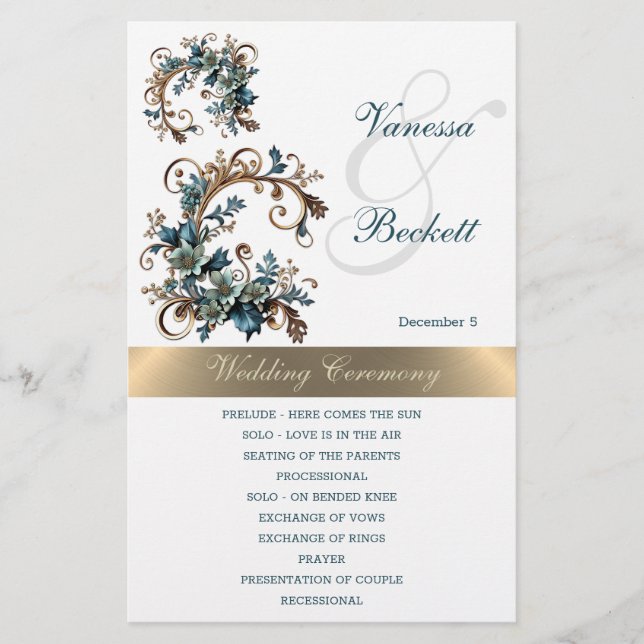 Gilded Floral Elegance Wedding Program (Front)