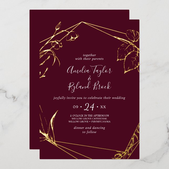 Gilded Floral Gold Foil Burgundy All-In-1 Wedding (Front/Back)