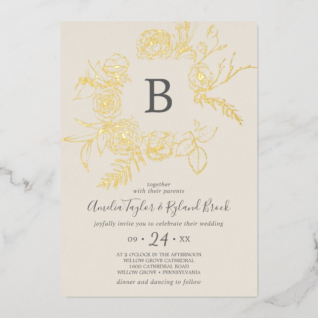 Gilded Floral | Gold Foil Cream Monogram Wedding (Front)