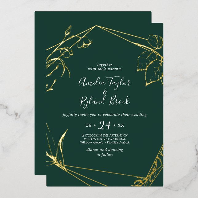 Gilded Floral Gold Foil Emerald Front Back Wedding (Front/Back)