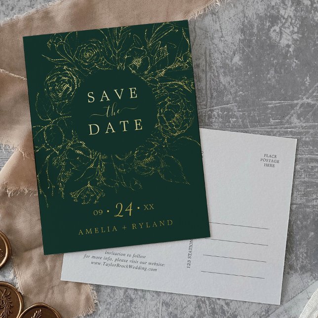 Gilded Floral | Gold Foil Emerald Save the Date Foil Invitation Postcard (Creator Uploaded)