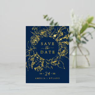 Gilded Floral   Gold Foil Navy Blue Save the Date Foil Invitation Postcard