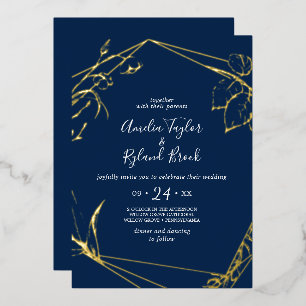 Gilded Floral   Gold Foil Navy Front Back Wedding