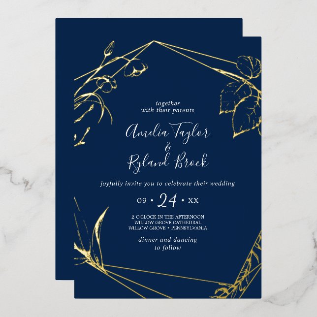 Gilded Floral | Gold Foil Navy Front Back Wedding (Front/Back)