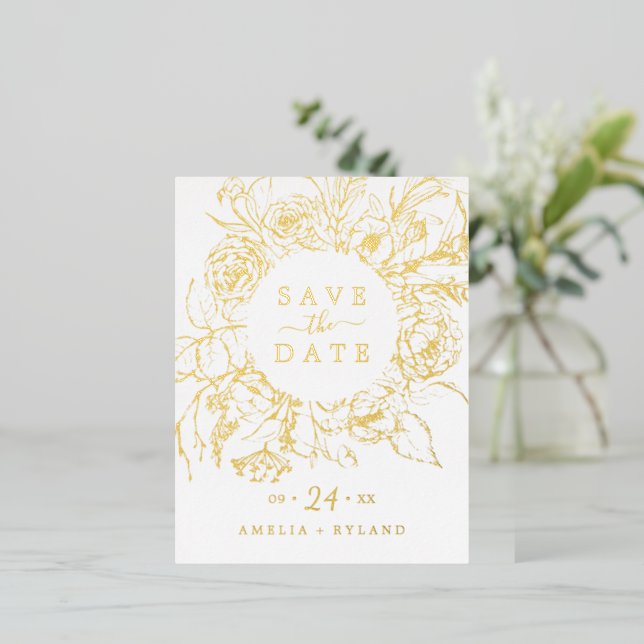 Gilded Floral | Gold Foil Save the Date Foil Invitation Postcard (Standing Front)