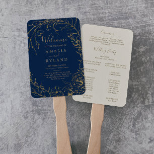 Gilded Floral   Navy and Gold Wedding Program Fan