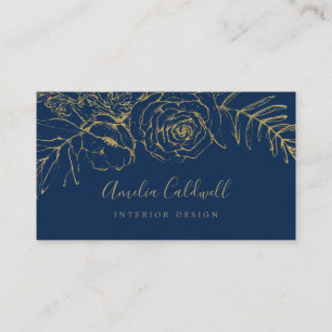 Gilded Floral   Navy Blue and Gold Business Card