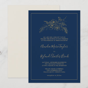 Gilded Floral Navy Blue and Gold Formal Wedding Invitation
