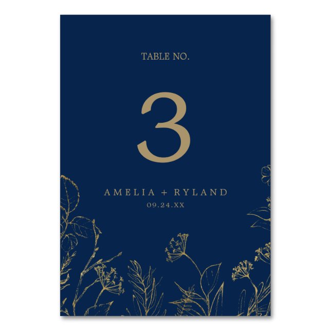 Gilded Floral | Navy Blue and Gold Table Number (Front)