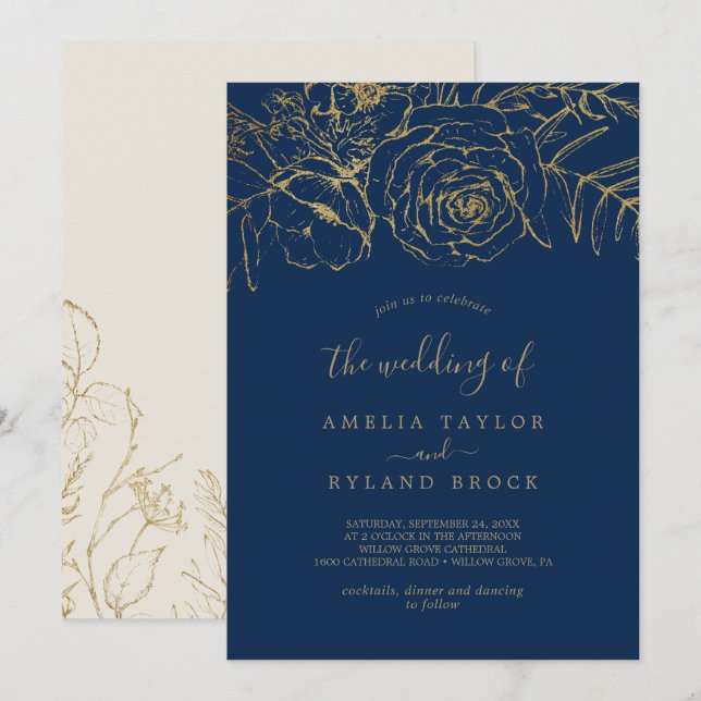 Gilded Floral | Navy Blue and Gold The Wedding Of Invitation (Front/Back)