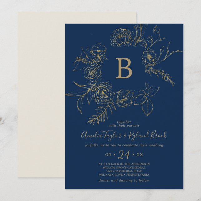 Gilded Floral | Navy Blue & Gold Monogram Wedding Invitation (Front/Back)