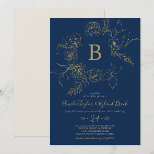 Gilded Floral Navy Blue & Gold Monogram Wedding Invitation