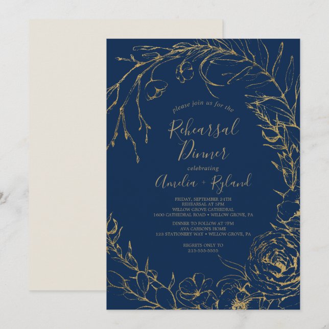 Gilded Floral | Navy Blue & Gold Rehearsal Dinner Invitation (Front/Back)