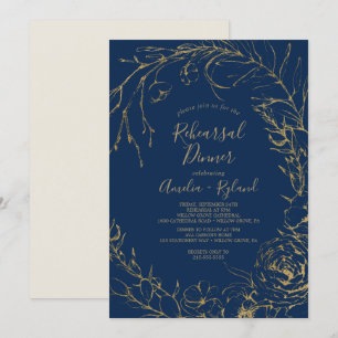 Gilded Floral Navy Blue & Gold Rehearsal Dinner Invitation