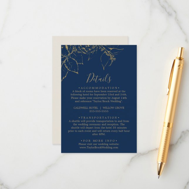 Gilded Floral Navy & Gold Details Enclosure Card (Front/Back In Situ)