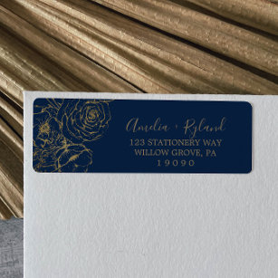 Gilded Floral   Navy & Gold Return Address Label