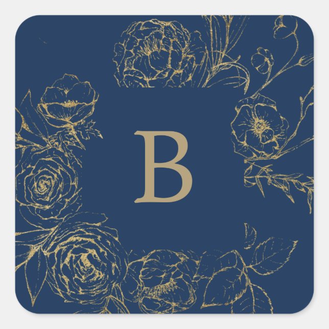 Gilded Floral Navy & Gold Wedding Envelope Seals (Front)
