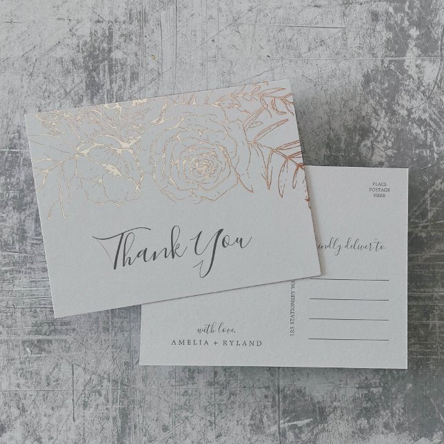Gilded Floral | Rose Gold Foil and Grey Thank You Foil Invitation Postcard (Creator Uploaded)