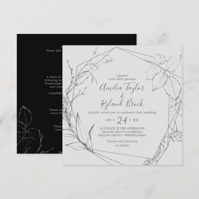 Gilded Floral | Silver & Black All In One Wedding Invitation (Front/Back)