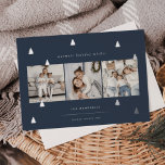 Gilded Forest | Elegant Christmas Photo Collage Foil Holiday Card<br><div class="desc">A modern and elegant Christmas holiday card design featuring three square photos aligned side by side on a navy blue background dotted with silver foil pine trees. Personalise with your custom holiday greeting,  family name,  and the year.</div>