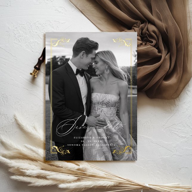 Gilded Formal Frame Photo Wedding Save the Date (foil wedding save the date photo card template gilded flourish calligraphy gold foil regal royal)