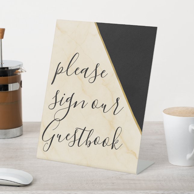 Gilded Geometry Luxe Ivory & Gold Marble Wedding  Pedestal Sign (In SItu)