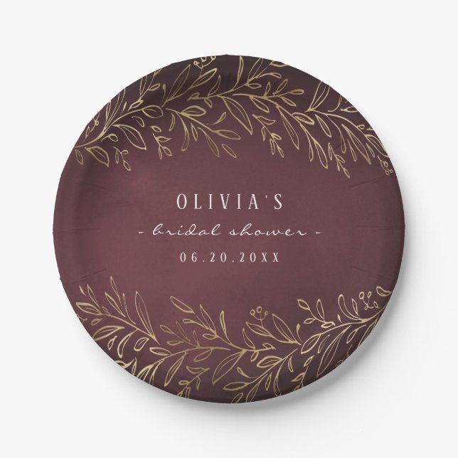 Gilded gold burgundy botanical bridal shower party paper plate (Front)