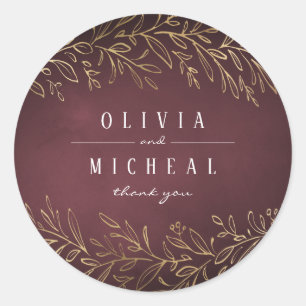 Gilded gold burgundy botanical elegant wedding classic round sticker