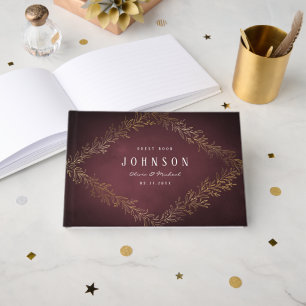 Gilded gold burgundy botanical elegant wedding guest book