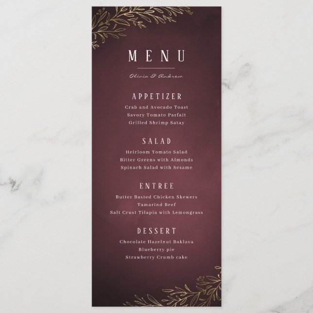 Gilded gold burgundy botanical elegant wedding menu (Front)