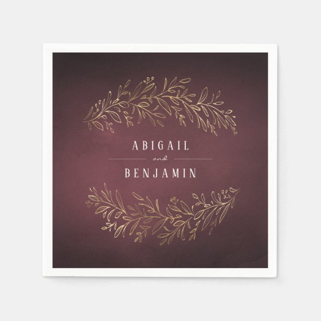 Gilded gold burgundy botanical elegant wedding napkin (Front)