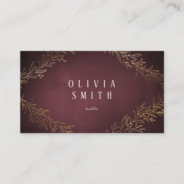 Gilded gold burgundy botanical elegant wedding place card (Front)