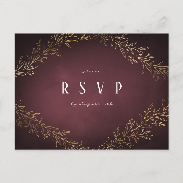 Gilded gold burgundy botanical wedding RSVP Invitation Postcard (Front)