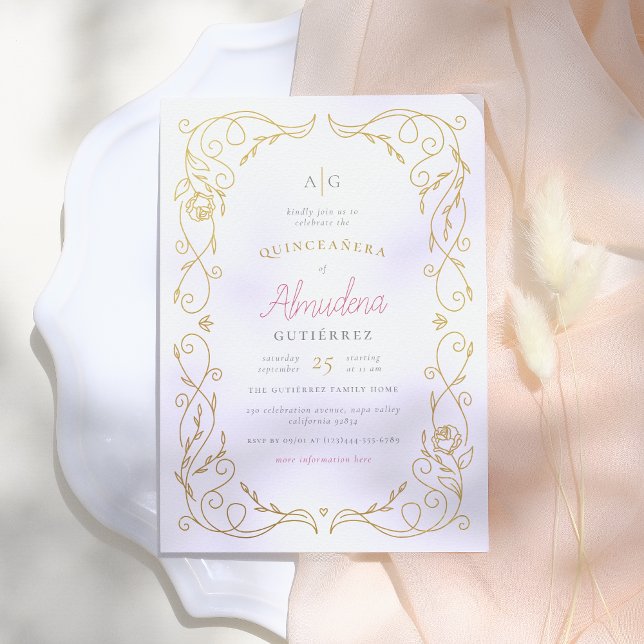 Gilded Gold Floral Frame Elegant Quinceañera Photo Invitation (Creator Uploaded)