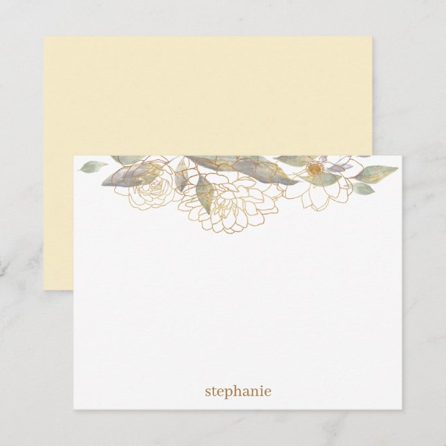 Gilded Gold Flowers Personalised Flat Note Card (Front/Back)