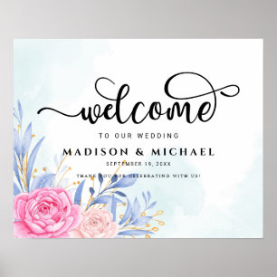 Gilded Gold Greenery Pink Wedding Welcome Sign