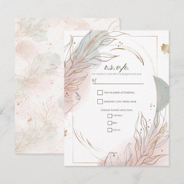 Gilded Gold Sage & Blush Botanical Wedding RSVP Invitation (Front/Back)