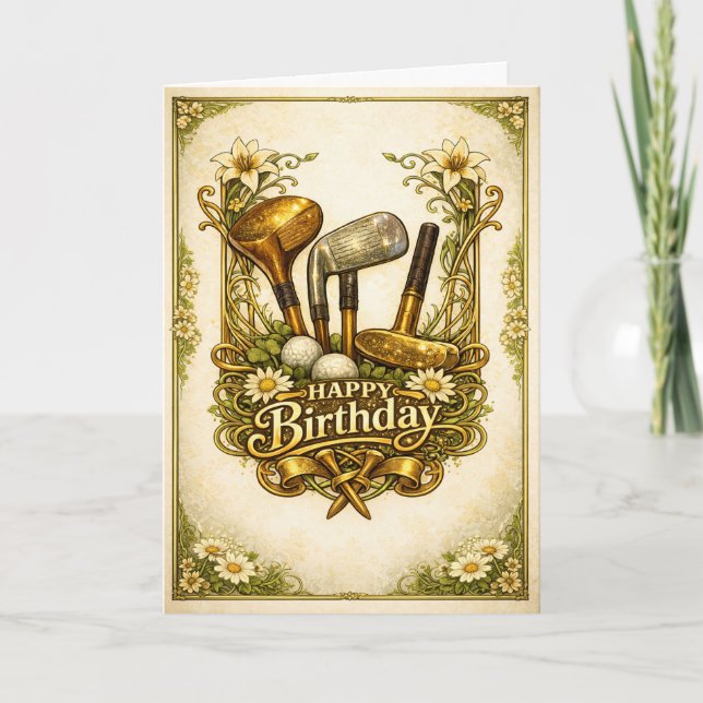 Gilded Golf Antique Birthday Card (Front)
