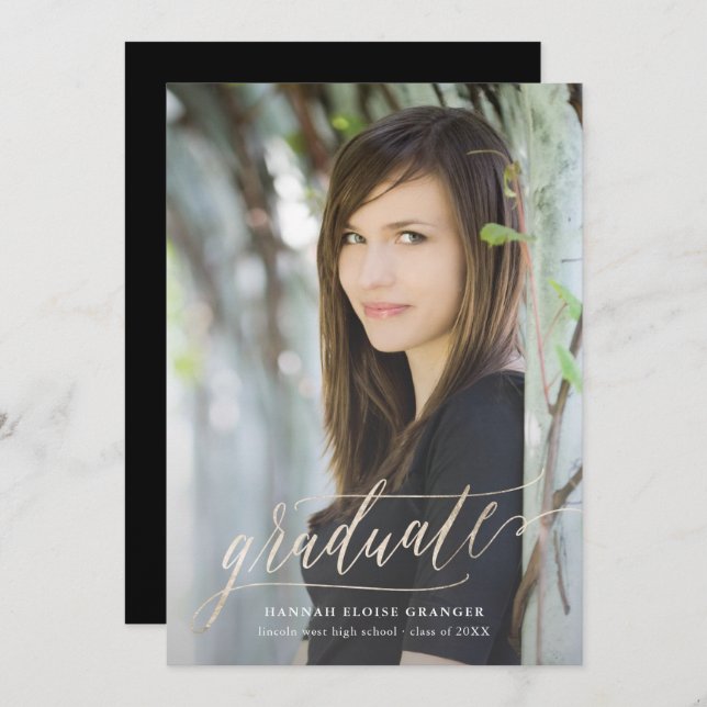 Gilded Grad Gold Script in Faux Foil Graduation Invitation (Front/Back)