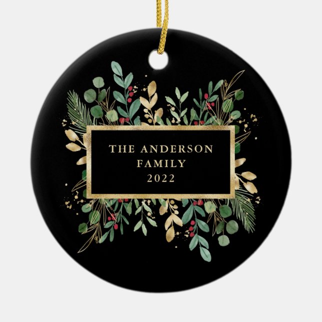Gilded Greenery Black | Christmas Holiday Ceramic Tree Decoration (Front)