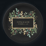 Gilded Greenery Black | Christmas Holiday Paper Plate<br><div class="desc">These stunning Christmas wedding or party paper plates feature holiday greenery and leaves with faux gold leaves and red holly berries,  and a centre gold frame on a modern black background.</div>