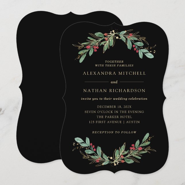 Gilded Greenery Black | Christmas Holiday Wedding Invitation (Front/Back)