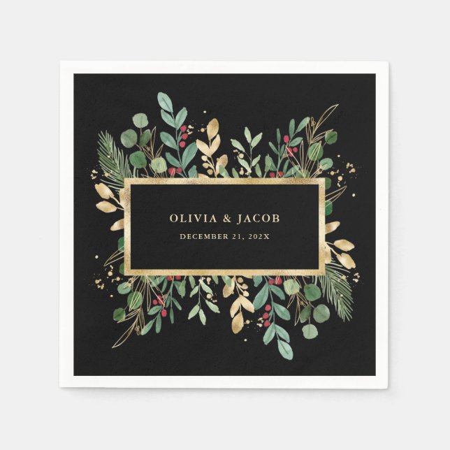 Gilded Greenery Black | Christmas Holiday Wedding Napkin (Front)