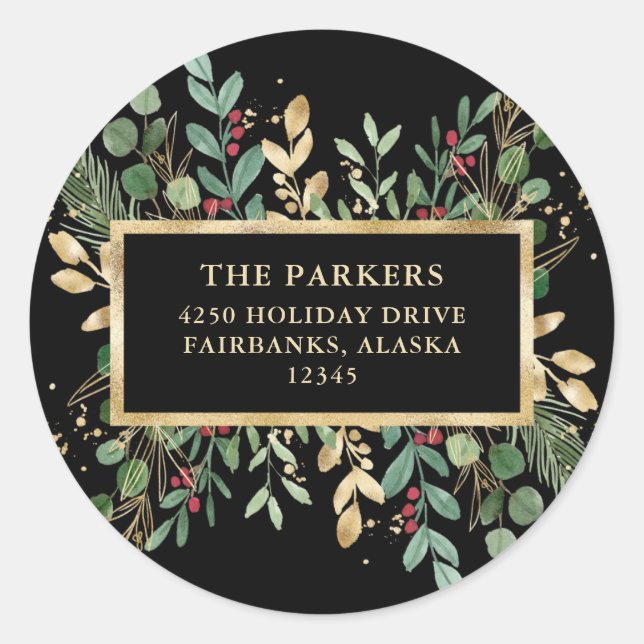 Gilded Greenery Black | Christmas Return Address Classic Round Sticker (Front)