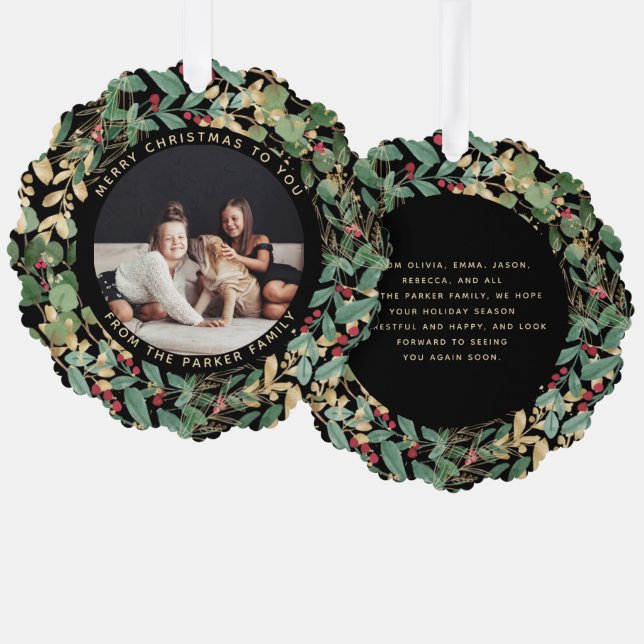 Gilded Greenery Black | Family Photo Christmas Tree Decoration Card (Front/Back)