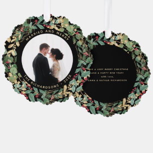 Gilded Greenery Black Married and Merry Photo Tree Decoration Card